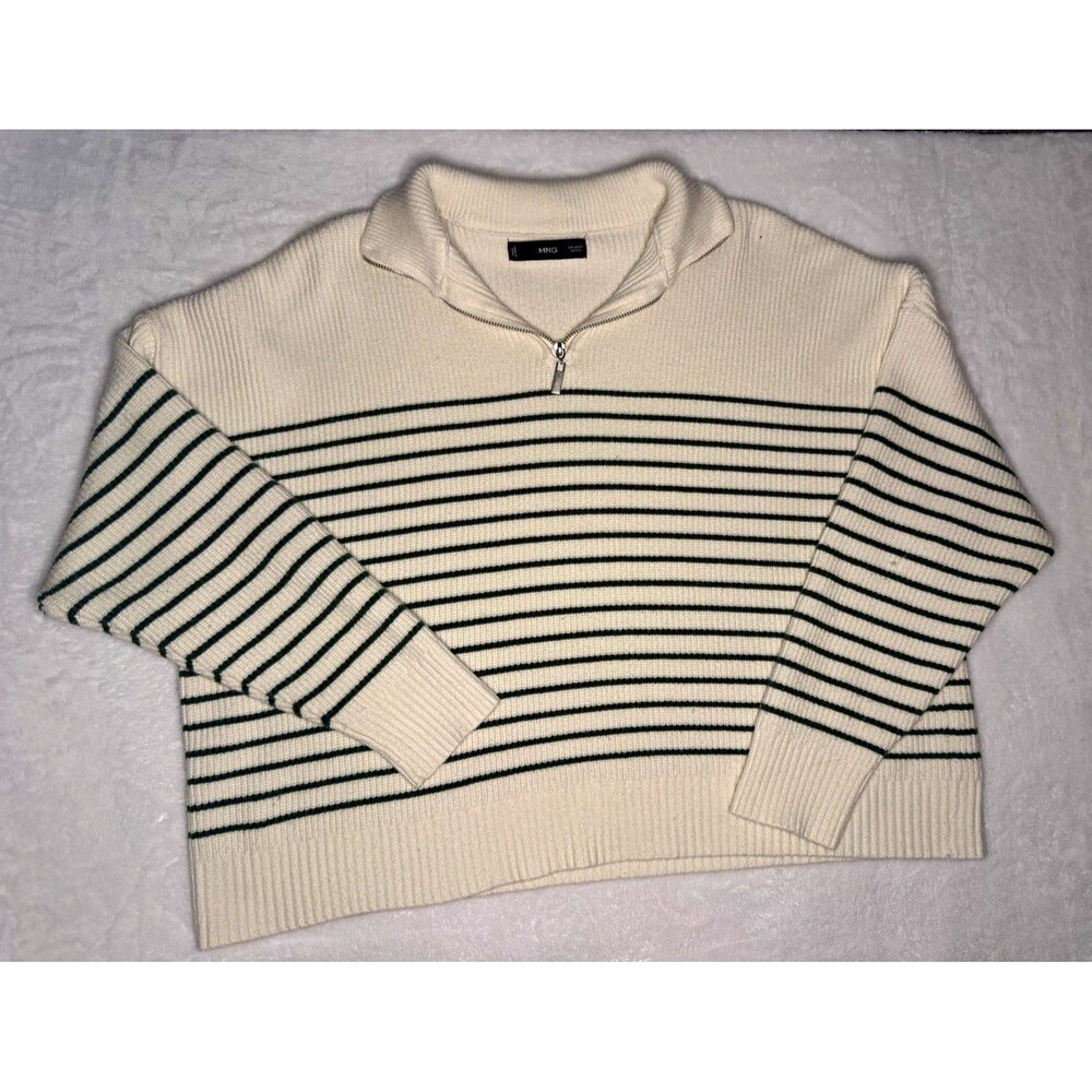 MNG Ivory Green Striped Knit 1/4 Zip Collared Pullover Sweater Women M